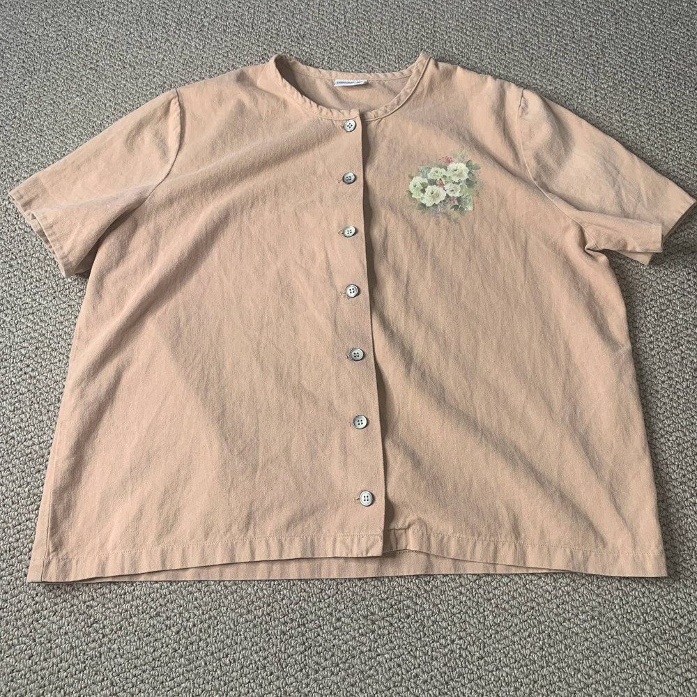 Soft As Grape Womens  Blouse Size Medium Peach Floral Button Up‎ Short Sleeve